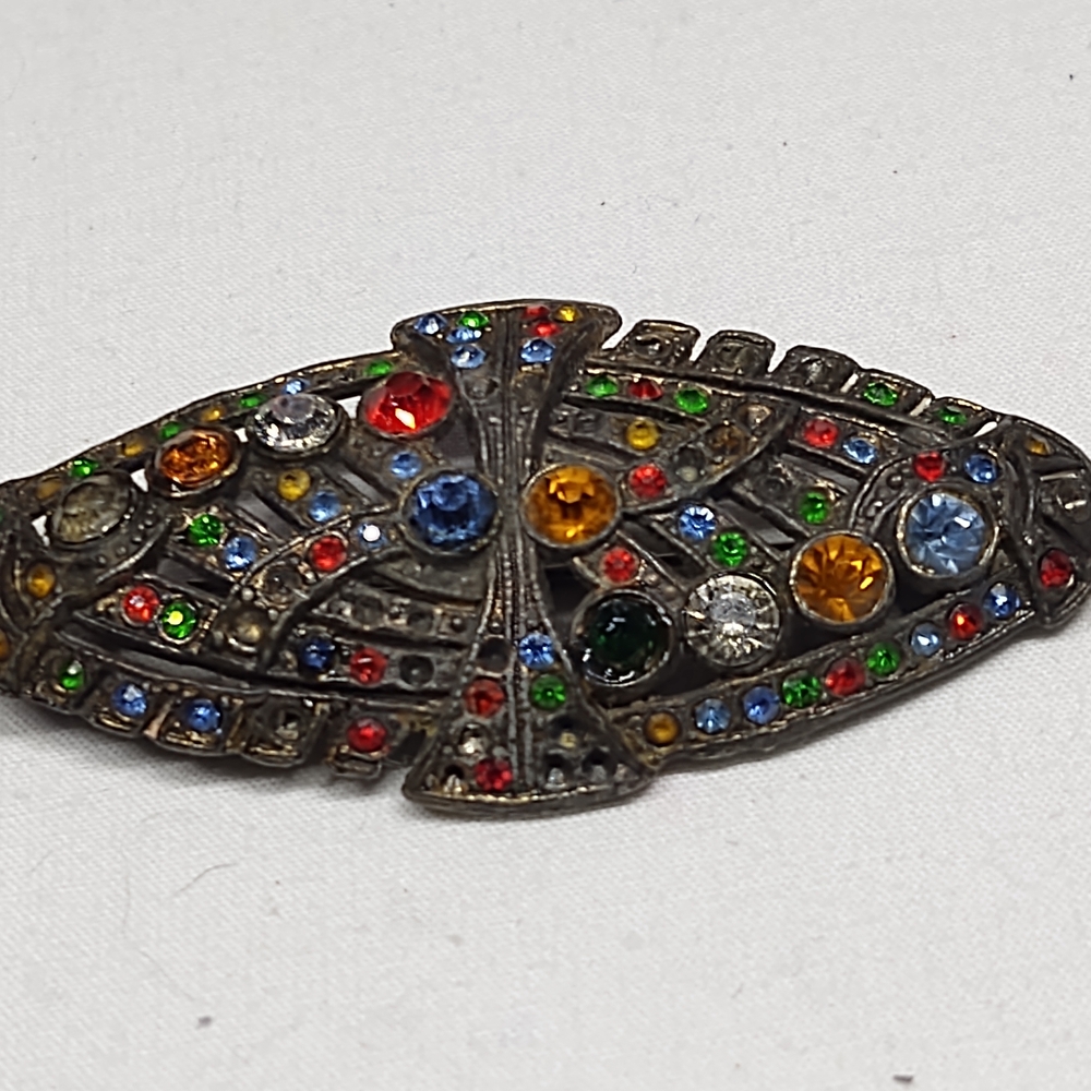 Vintage Filagree Multicolor Rhinestone Brooch